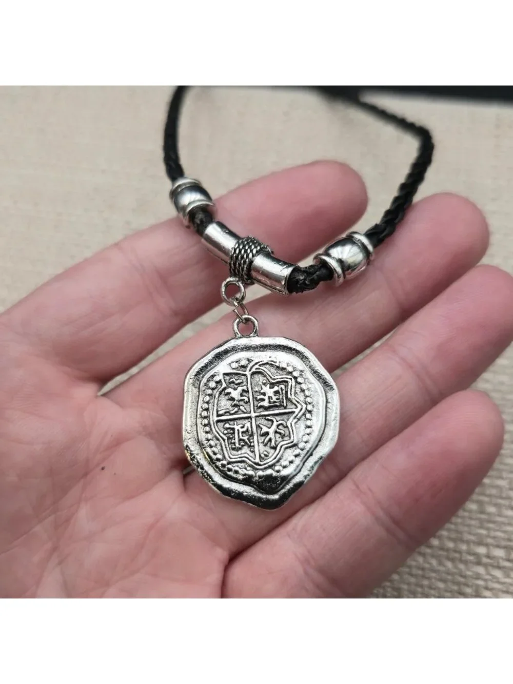 18 Inch Pirate Coin Skull Necklace, Braided Leather Cord, Gift for Men B1451
